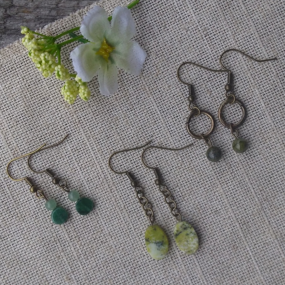 HAND MADE earrings, set of three w/ natural stones